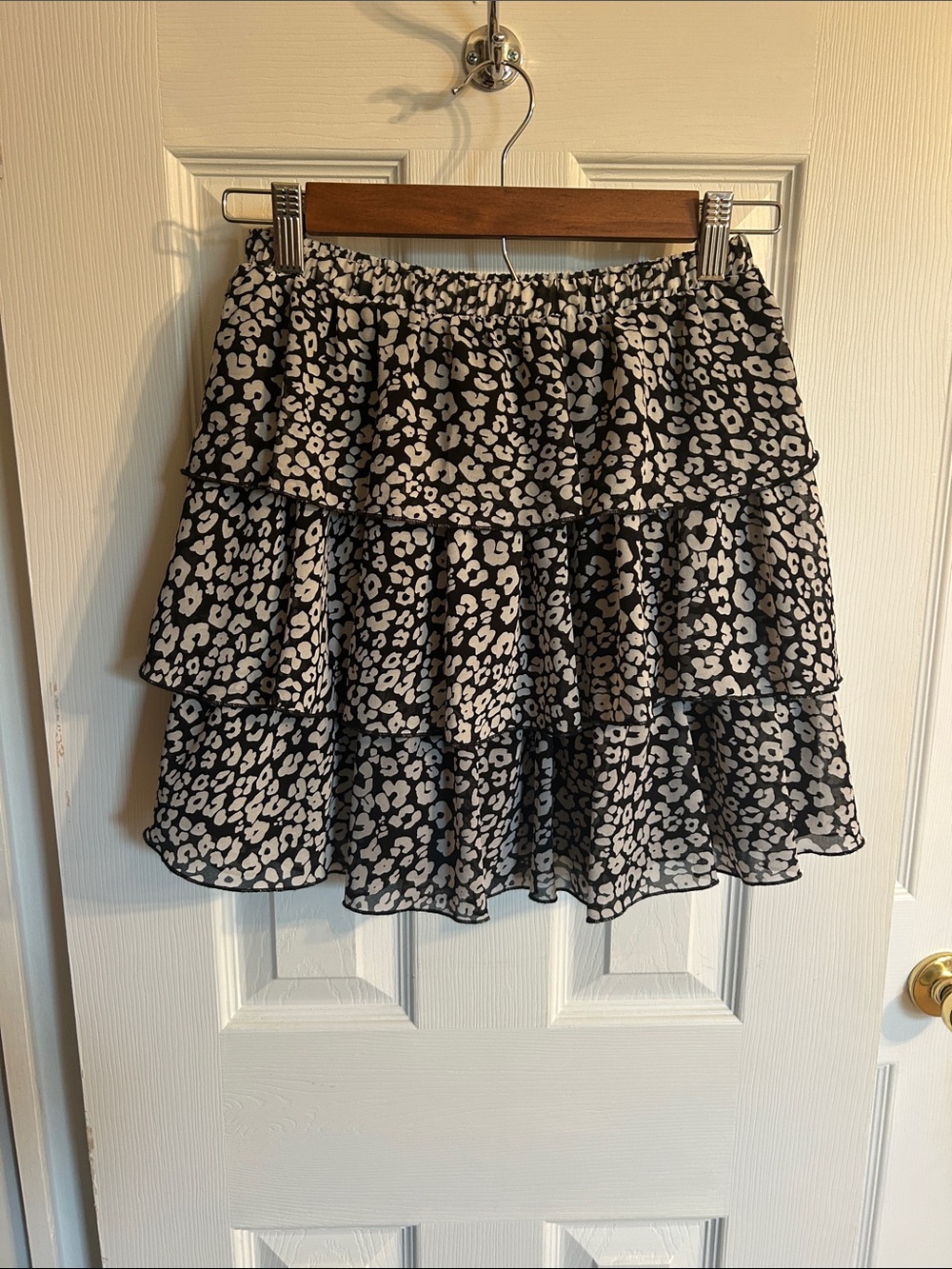 HYFVE Black and White Tiered Ruffle Leopard Print Mini Skirt